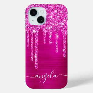Coque Pour iPhone 15 Magenta Glitter Drips Hot Pink Glam Signature