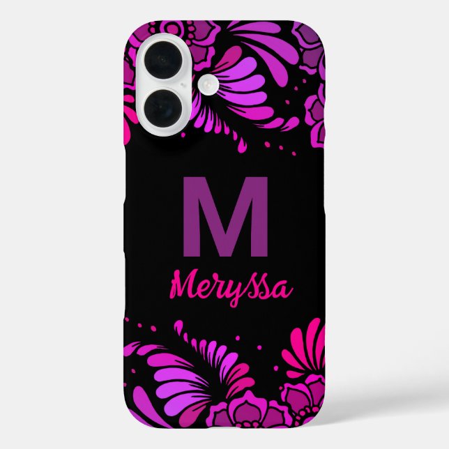 Coques Case-Mate iPhone Magenta noir violet rose chaud Nom du monogramme (Verso)