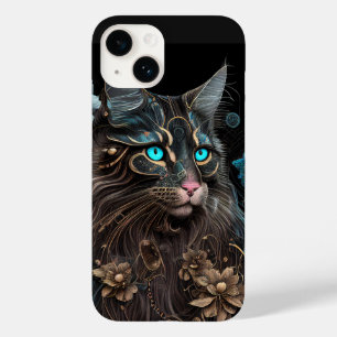 Coque Pour iPhone 14 Magique steampunk Maine Coon chat et fleurs IA art