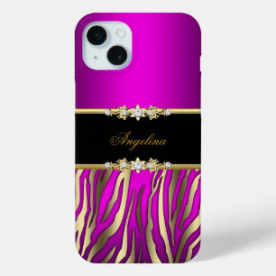 Coque iPhone 15 Mini Magnifique Magenta Rose Zèbre Noir Or