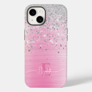 Coque Pour iPhone 14 Maigre rose brossé Métal Parties scintillant argen