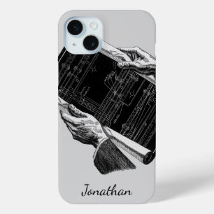 Coque iPhone 15 Mini Mains avec plans architecturaux bleus, entreprise 