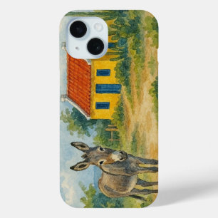 Coque Pour iPhone 15 Maison cunucu jaune d'Aruba avec âne aquarelle