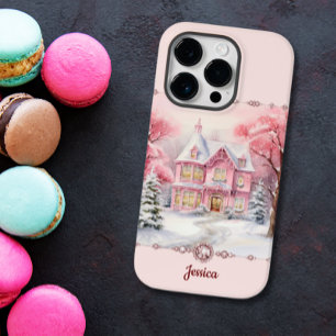 Coque Pour iPhone 14 Pro Maison de Noël rose Hiver Wonderland
