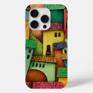 Coque iPhone 15 Pro Maisons Abstraites colorées 3D - Design d'art uniq