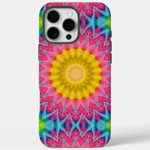 Coques iPhone 16 Pro Max Mandala à Cravate arc-en-ciel avec symétrie vibran