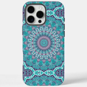 Coques iPhone 16 Pro Max Mandala à l'aquarelle en turquoise et violet