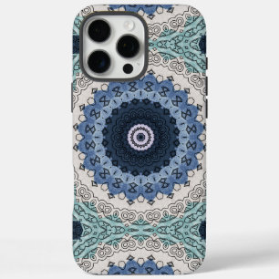 Coques iPhone 16 Pro Max Mandala bleu et Turquoise avec symétrie géométriqu