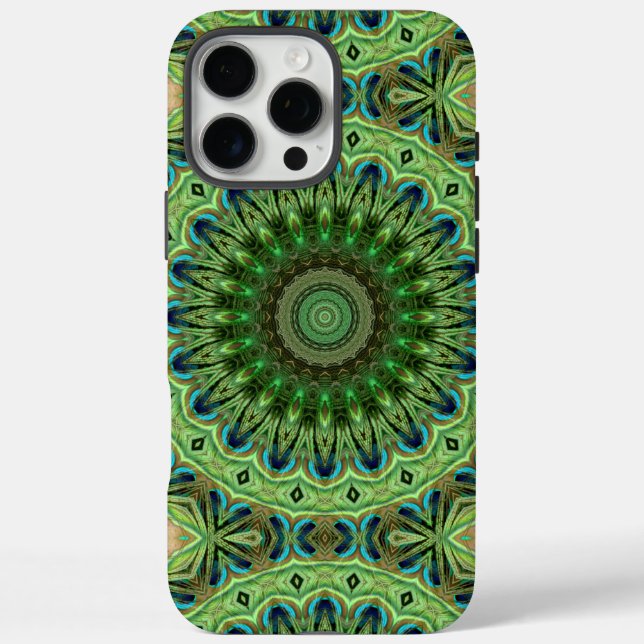 Coques Case-Mate iPhone Mandala de plumes de paon Symétrie émeraude et ble (Verso)