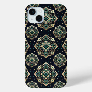 Coque iPhone 15 Mini Mandala émeraude dorée
