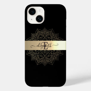 Coque Pour iPhone 14 Mandala Floral à Rayure Noir Or Moderne Élégant