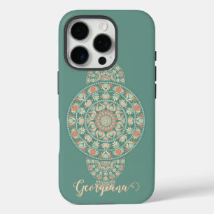 Coques iPhone 16 Pro Mandala Ornementale Rétro Sage & Sable customisé