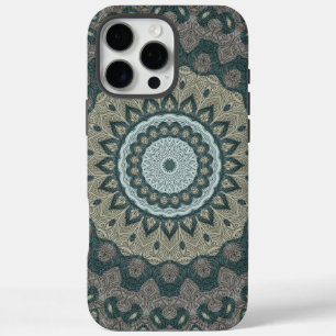 Coques iPhone 16 Pro Max Mandala Taupe et Sarcelle avec Symétrie Tribale