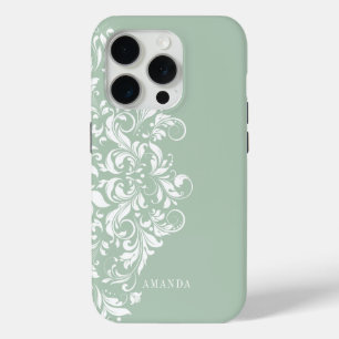 Coque iPhone 15 Pro Mandala vintage blanc à fleurs sur un vert sauge