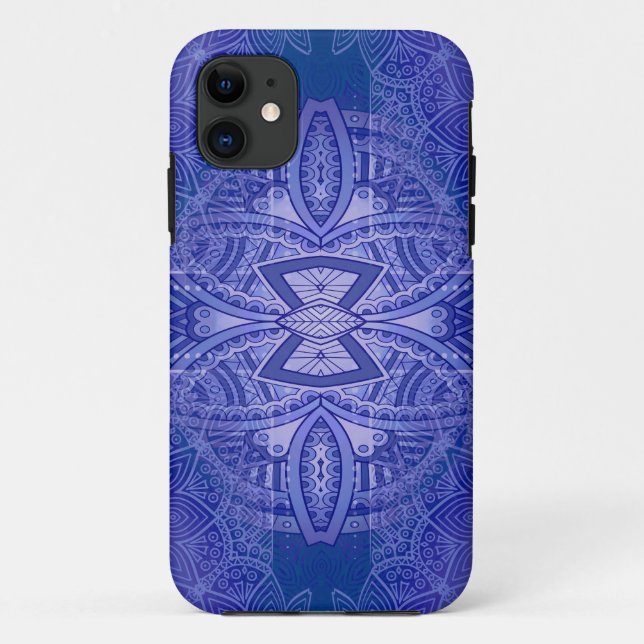 Coques Case-Mate iPhone Mandalas sur motif de répétition bleu classique (Dos)