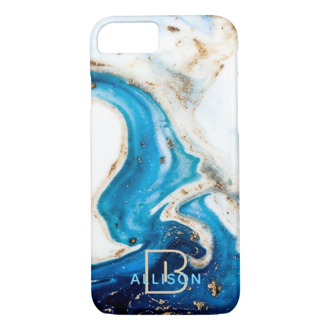 Coques Case-Mate iPhone Marbre Abstrait Or Bleu Blanc Monogramme (Dos)