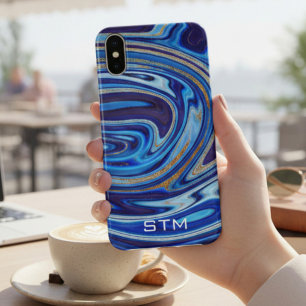Case-Mate iPhone Case Marbre Agate Bleu et Or Monogramme