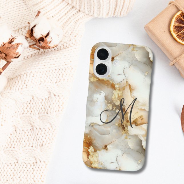 Coques Case-Mate iPhone Marbre Aquarelle Or Gris Blanc Initiale Monogramme (Gold Gray White marble Watercolor Wash Alcohol Ink Monogram initial iPhone case)