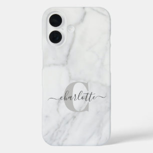 Coque Pour iPhone 16 Marbre Blanc et Gris Monogramme Personnalisé