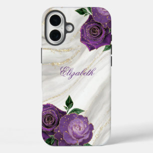 Coques iPhone 16 Plus Marbre blanc Floral pourpre