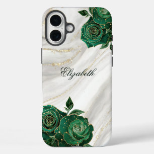 Coques iPhone 16 Plus Marbre blanc Floral Vert Or