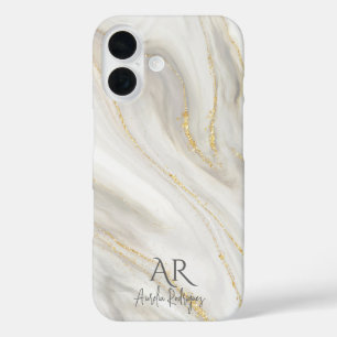 Coque Pour iPhone 16 Marbre blanc Parties scintillant or Jade personnal
