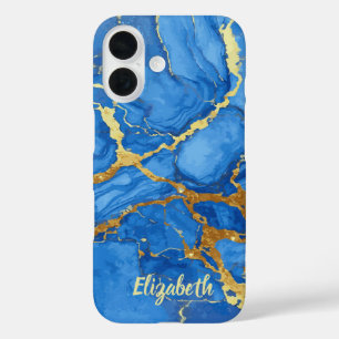 Coque Pour iPhone 16 Marbre bleu et or élégant