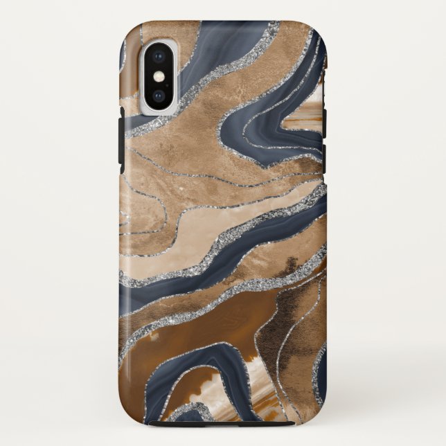 Coques Case-Mate iPhone Marbre bleu marine Agate Argent Parties scintillan (Dos)