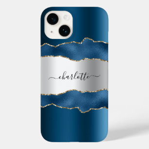 Coque Pour iPhone 14 Marbre bleu marine argenté marbre nom script
