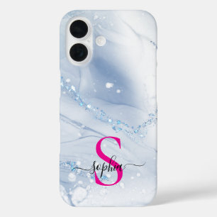 Coque Pour iPhone 16 Marbre bleu marine paillettes dorées monogramme