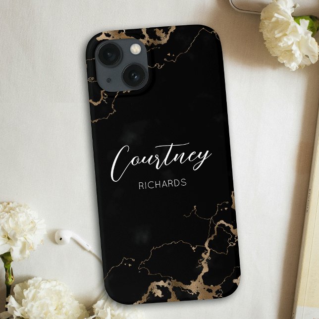 Coques Case-Mate iPhone Marbre Chic Parties scintillant Noir & Or Nom Mono (Gold glitter and black marble personalized phone case with custom name or logo)