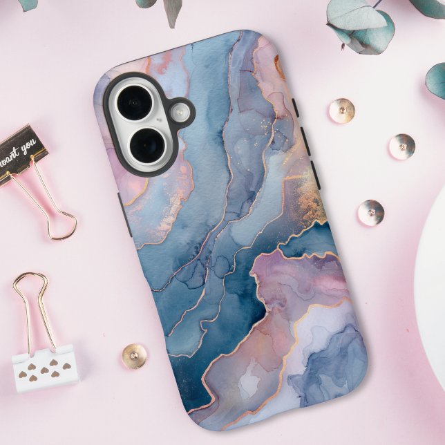 Coques Case-Mate iPhone Marbre d'agate bleu chic rose or (Créateur téléchargé)