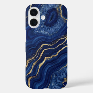 Coque Pour iPhone 16 Marbre d'agate géode bleu marine et or luxe