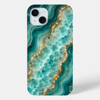 Coque iPhone 15 Mini Marbre de luxe en agate turquoise avec veines d'or
