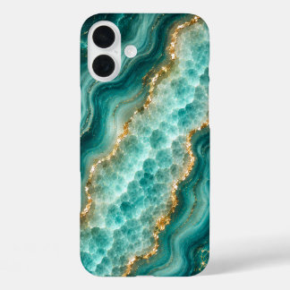 Coques iPhone 16 Plus Marbre de luxe en agate turquoise avec veines d'or