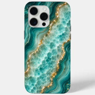Coque iPhone 15 Pro Max Marbre de luxe en agate turquoise avec veines d'or