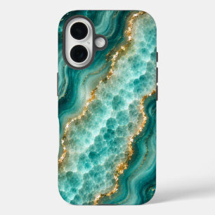 Coque Pour iPhone 16 Marbre de luxe en agate turquoise avec veines d'or