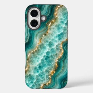 Coque Pour iPhone 16 Marbre de luxe en agate turquoise avec veines d'or