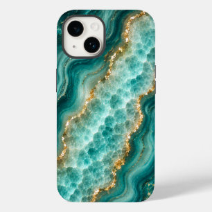 Coque Pour iPhone 14 Marbre de luxe en agate turquoise avec veines d'or