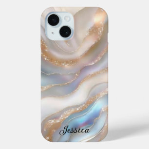 Coque Pour iPhone 15 Marbre de luxe Mère de Pearl Gold Veins Monogramme