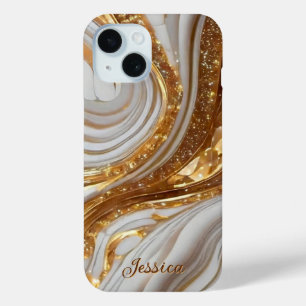 Coque Pour iPhone 15 Marbre de luxe Mère de Pearl Gold Veins Monogramme