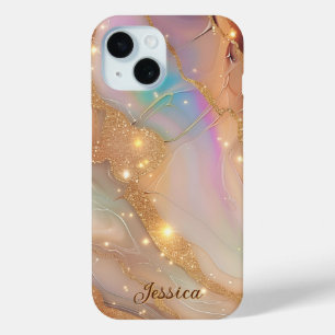 Coque Pour iPhone 15 Marbre de luxe Mère de Pearl Gold Veins Monogramme