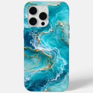Coque iPhone 15 Pro Max Marbre d'Océan Turquoise de Luxe avec Vagues de Fe
