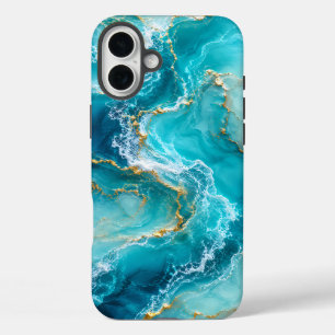Coques iPhone 16 Plus Marbre d'Océan Turquoise de Luxe avec Vagues de Fe