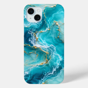 Coque iPhone 15 Mini Marbre d'Océan Turquoise de Luxe avec Vagues de Fe