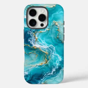 Coques iPhone 16 Pro Marbre d'Océan Turquoise Luxueux avec Vagues de Fe