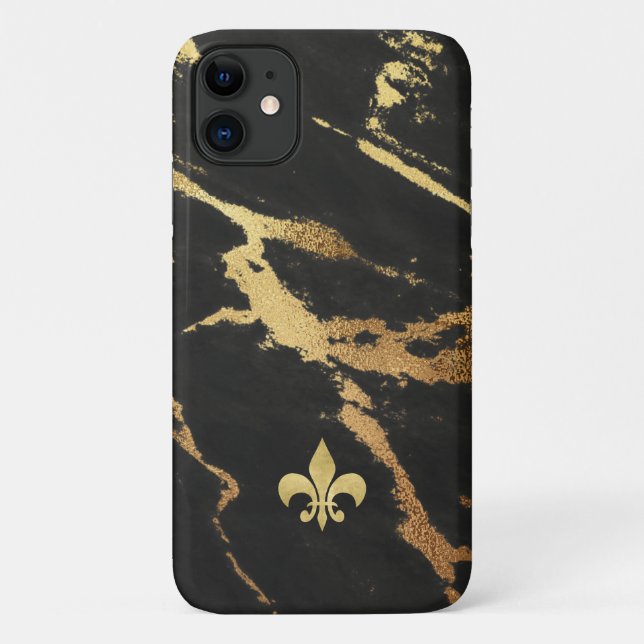 Coques Case-Mate iPhone Marbre doré noir avec fleur de lis (Dos)