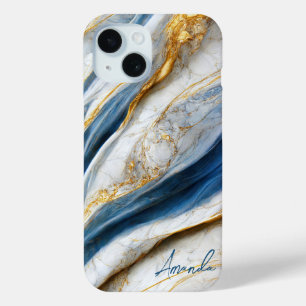 Coque Pour iPhone 15 Marbre Élégant Navy Veines d'Or Monogrammé