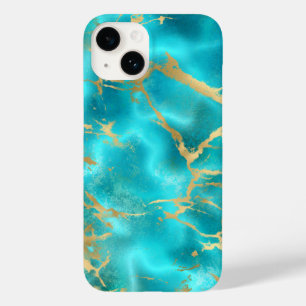 Coque Pour iPhone 14 Marbre élégant sarcelle or bleu aqua 