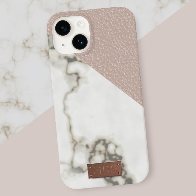 Coques Case-Mate iPhone Marbre en cuir Faux Blush (A modern geometric blush pink faux leather look with white marble. Just add your initials)